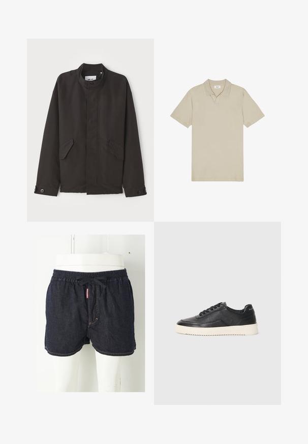 NN.07 SOPHUS - Jas - black; Beige katoenen polo shirt met een kraag omgeslagen, korte mouwen en een subtiele textuur. Beschikt over een centrale knoopsluiting met twee knopen.; Donkerblauwe denimshorts met een elastische tailleband, trekkoord en contrasterende gele stiksels. Voorzien van een merklabel aan de voorkant.; Zwarte leren sneaker met een gestructureerde afwerking, ronde neus en platte witte rubberen zool. Voorzien van zwarte veters en merklabel op de hiel.