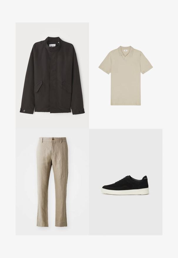 NN.07 SOPHUS - Light jacket - black; Beige cotton polo shirt with a fold-over collar, short sleeves, and a subtle texture. Features a central placket with two buttons.; Beige linen trousers with a straight cut, featuring a front button closure and a smooth texture. No visible patterns or accents.; Black suede sneaker with lace-up design and contrasting white rubber sole. Features textured side panels and subtle branding on the heel.
