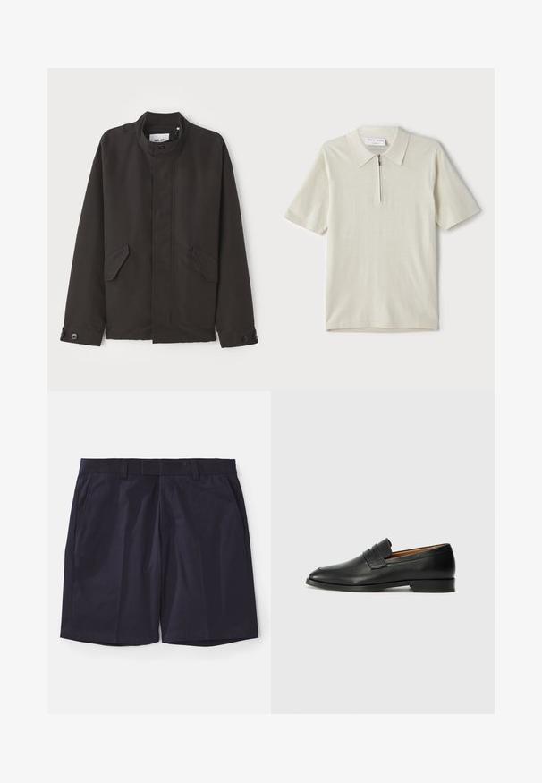 NN.07 SOPHUS - Kerge jope - black; Lühikeste varrukatega polo särk heles beeži värviga, millel on tõmblukk kaeluses. Valmistatud siledast kangast, minimalistlik ja kaasaegne disain ilma mustriteta.; Tumed sinised lühikesed püksid sujuvast kangast, millel on lame esiosa, vöörihmade kohad ja küljetaskud; servad on sirged, et saavutada puhas viimistlus.; Must musta loafers ümarate varvastega, peene tikandiga ja madala kontsaga, millel on sile tekstuur ja minimalistlik disain.