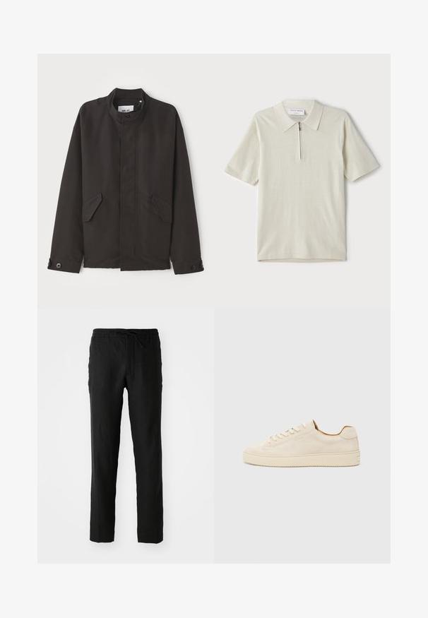 NN.07 SOPHUS - Lagana jakna - black; Polo majica kratkih rukava u svijetloj bež boji s zatvaračem na ovratniku. Napravljena od glatkog materijala, sadrži jednostavan, moderan dizajn bez uzoraka.; Crne lanene hlače s elastičnim pojasom i vezicom. Ravni kroj i glatka tekstura. Pogodno za svakodnevno nošenje.; Bež antilop tenisice s niskim dizajnom, okruglim vrhom, ravnim vezicama i teksturiranom gumenom potplatu. Minimalistički stil bez vidljivih logotipa.