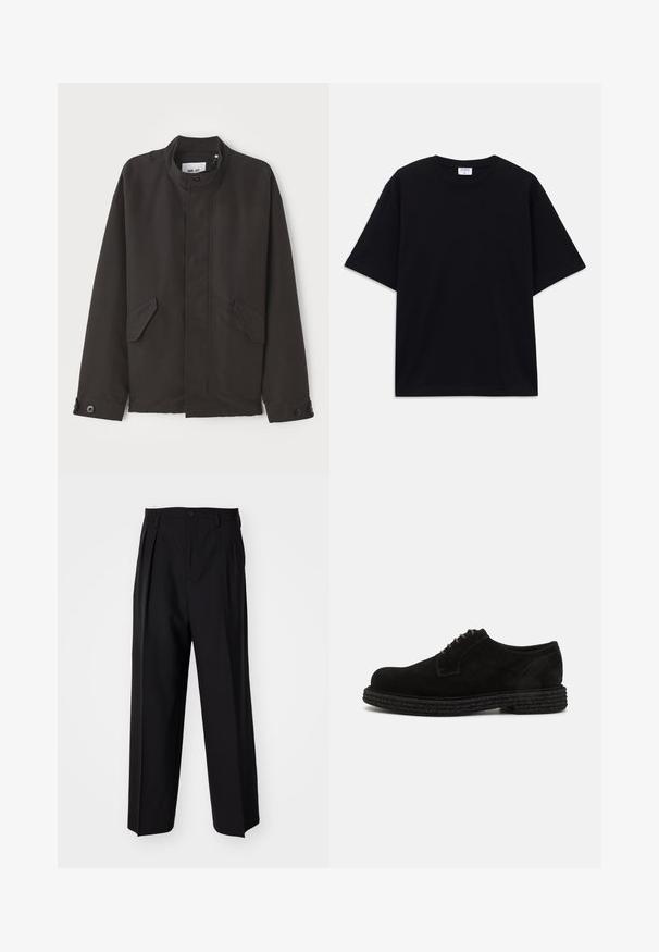 NN.07 SOPHUS - Mezisezónní bunda  - black; Černé oversized tričko s krátkým rukávem, kulatým výstřihem a viditelnou značkou Filippa K uvnitř límce.; Černé skládací kalhoty s rovnými, širokými nohavicemi. Vyrobené z hladké tkaniny, se zapínáním na knoflík a poutky na opasek.; The Antipode DERBY - Šněrovací boty - black