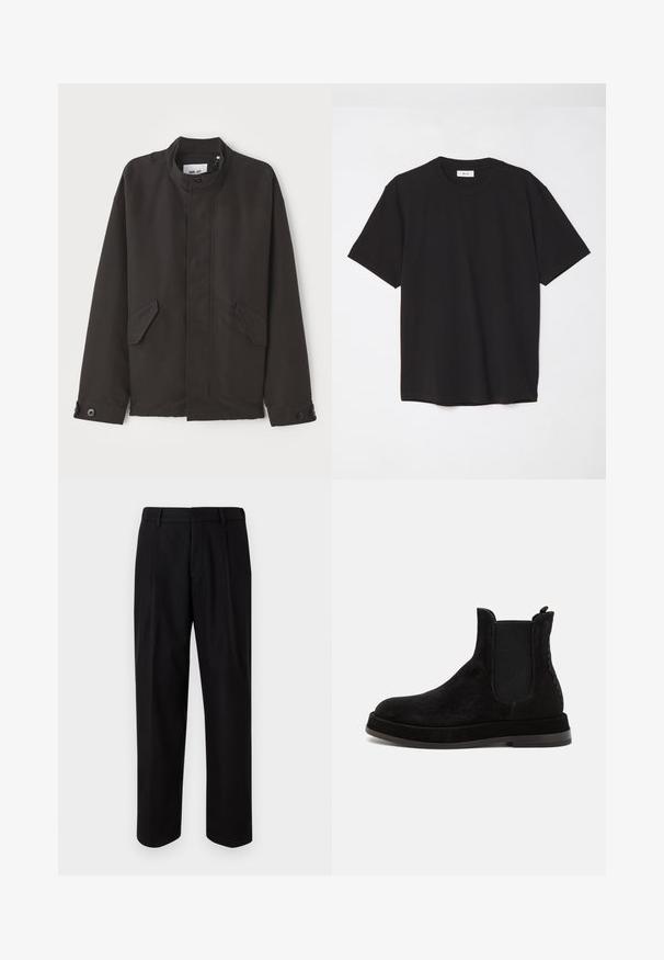 NN.07 SOPHUS - Lagana jakna - black; Crna pamučna majica sa okruglim izrezom, kratkim rukavima i opuštenim krojem. Jednostavan dizajn, glatka tekstura i bez vidljivih uzoraka ili logotipa.; Crne krojene hlače sa ravnim nogavicama, glatkom teksturom tkanine i srednjim strukom s petljama za remen.; Crne nubuk Chelsea čizme s elastičnim bočnim panelima, okruglim vrhom i ravnim đonom. Teksturalni detalj uz bočnu stranu dodaje vizualni interes.
