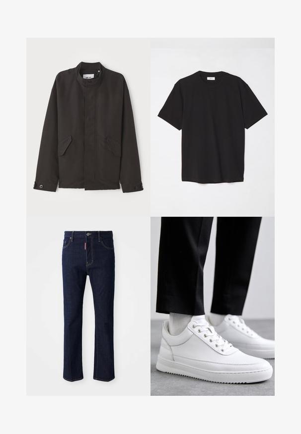 NN.07 SOPHUS - Viegla jaka - black; Melna kokvilnas T-krekls ar apaļu kakla izgriezumu, īsām piedurknēm un brīvu piegulšanu. Vienkāršs dizains, gluda tekstūra un bez redzamām rakstiem vai logotipiem.; Tumši zili džinsi ar taisnu kāju, redzamām šuvēm, pogu aizdari un četriem kabatām, tostarp nelielai monētu kabatai.; Baltas ādas kedas ar plakanu gumijas zoli, kas piedāvā gludu apdari, apaļu purngalu un metāla caurules šņorēm. Valkātas ar melnām biksēm.