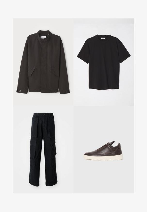 NN.07 SOPHUS - Lengva striukė - black; Juodas medvilninis marškinėlis su apvaliu kaklu, trumpomis rankovėmis ir laisvu siluetu. Paprastas dizainas, lygus paviršius ir be matomų raštų ar logotipų.; Juodi plačių kojų kargo šortai su elastingu juosmeniu, mygtuko uždarymas, didelės priekinės ir šoninės kišenės, pristatyta ant baltos fono.; Tamsiai rudas tekstūruotas odinis sportbačius su raišteliais ir baltu grioveliu ant gumos pado, pateiktas ant šviesaus fono.