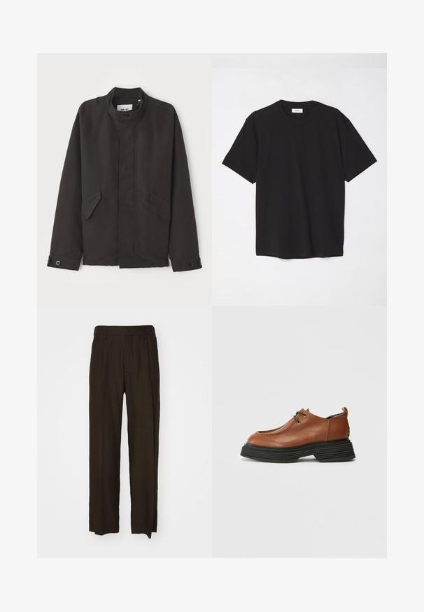 NN.07 SOPHUS - Mezisezónní bunda - black; Černé bavlněné tričko s kulatým výstřihem, krátkými rukávy a volným střihem. Jednoduchý design, hladká textura a žádné viditelné vzory či loga.; Hnědé kalhoty s širokými nohavicemi z texturované tkaniny, které mají vysoký pas a přední záhyby. Rovné nohavice s čistými, dokončenými lemy.; Hnědá kožená bota s kulatou špičkou, šněrovacím designem a silnou černou vrstvenou podrážkou. Vyznačuje se svou strukturovanou siluetou a texturou.