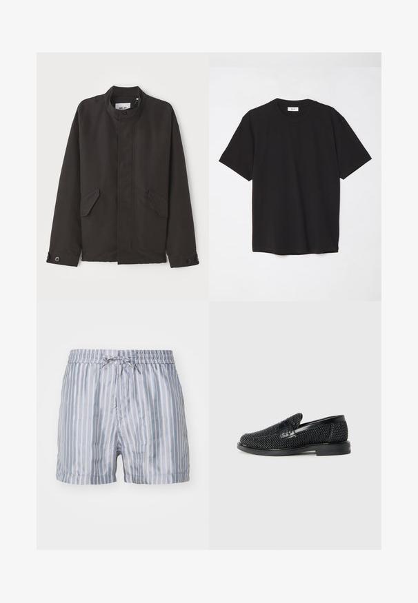 NN.07 SOPHUS - Välikausitakki - black; Mustat puuvillapaitat, joissa on pyöreä kaula-aukko, lyhyet hihat ja rento malli. Yksinkertainen muotoilu, sileä pinta ilman näkyviä kuvioita tai logoja.; Raidat uimalaitteet vaaleansinisinä ja valkoisina, joissa on joustava vyötärö, nauha ja sileä, kevyt kangas.; Musta kudottu liukupohjallinen kenka, jossa on sileä nahkakorostus päällisessä, pyöreä kärki ja matala kumipohja.