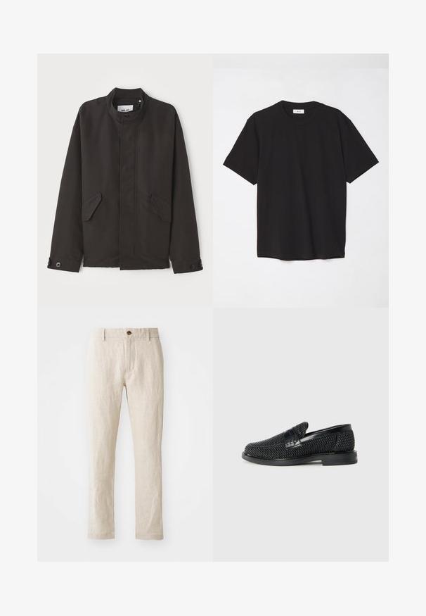 NN.07 SOPHUS - Ελαφρύ μπουφάν - black; Μαύρο βαμβακερό μπλουζάκι με στρογγυλή λαιμόκοψη, κοντά μανίκια και άνετη εφαρμογή. Απλός σχεδιασμός, λεία υφή και χωρίς ορατά σχέδια ή λογότυπα.; Μπεζ λινές παντελόνες με slim fit, διαθέτοντας έναν καφέ κουμπί κλείσιμο, ίσια πόδια και υφή υφάσματος.; Μαύρο πλεκτό παπούτσι slip-on με λείο δερμάτινο στοιχείο στο άνω μέρος, στρογγυλή μύτη και χαμηλό καουτσούκ πάτο.