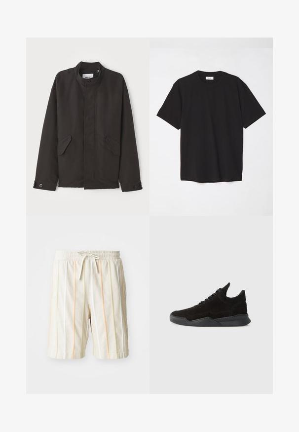 NN.07 SOPHUS - Jas - black; Zwarte katoenen t-shirt met een ronde hals, korte mouwen en een ontspannen pasvorm. Eenvoudig ontwerp, gladde textuur en geen zichtbare patronen of logo's.; Witte lichtgewicht shorts met verticale strepen in oranje, geel en groen. Bevat een elastische tailleband met een koordsluiting.; Zwarte suède sneaker met een lage profiel, gestructureerde bovenkant, platte veters en een stevige rubberen zool met een lichte hak en gebogen ontwerp.