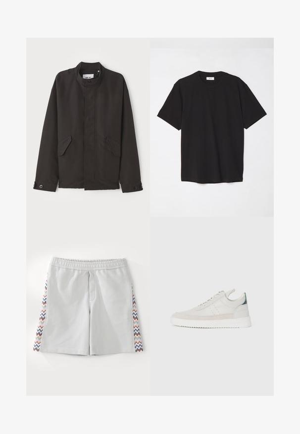 NN.07 SOPHUS - Välikausitakki - black; Mustat puuvillapaitat, joissa on pyöreä kaula-aukko, lyhyet hihat ja rento malli. Yksinkertainen muotoilu, sileä pinta ilman näkyviä kuvioita tai logoja.; Vaaleanharmaat urheilushortsit, joissa on joustovyötärö ja monivärinen sahalaitakuosi sivuilla. Sileä pinta ja polvenpituinen muotoilu.; Valkoiset nahkakengät, joissa on harmaat mokka yksityiskohdat, nauhoitusmalli, vetotuki ja tekstuurinen kumipohja, jossa on sahalaitakuviota.