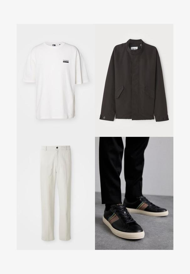 NN.07 SOPHUS - Mezisezónní bunda - black; Bílý bavlněný tričko s volným střihem, kulatým výstřihem a krátkým rukávem. Má malou černou etiketu na levé části hrudi.; Krémové kalhoty rovného střihu s poutky na opasek, předním knoflíkem a zipem, vystavené na bílém pozadí.; Černé kožené tenisky s barevnými pruhovanými akcenty, kulatou špičkou a bílou gumovou podrážkou, s designem na šněrování a embosovaným brandingem.