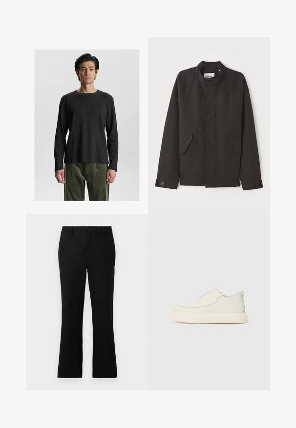 NN.07 SOPHUS - Ľahká bunda - black; Čierne dlhé rukávy s rebrovaným vzorom a okrúhlym výstrihom. Má textúrovanú látku a voľný strih, skombinované s olivovorozovými nohavicami z mäkkej textúry.; Čierne rozšírené nohavice z bavlnenej zmesi, s gombíkovým zapínaním, pútkami na opasok a hladkým povrchom bez viditeľných vzorov.; Biele mokasíny s textúrovaným povrchom, s okrúhlou špičkou a hrubou gumovou podrážkou. Svetlé stehy dopĺňajú dizajn.
