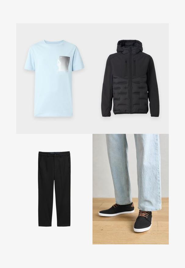 TOM TAILOR DENIM HYBRID - Viegla jaka - black; Gaiši zils kokvilnas t-krekls ar īsām piedurknēm un apaļu apkakli. Uz kreisās krūts ir melnbalts taisnstūrveida grafiskais attēls.; Melnas bikses ar taisnu piegriezumu, izgatavotas no teksturēta auduma. Tām ir divas priekšējās kabatas un pogu aizdare jostasvietā.; Melnas auduma čības ar brūniem akcentiem, baltām gumijas zolēm un brūnām šņorēm, kombinētas ar gaiši ziliem taisnajiem džinsiem. Koka grīdas fons.