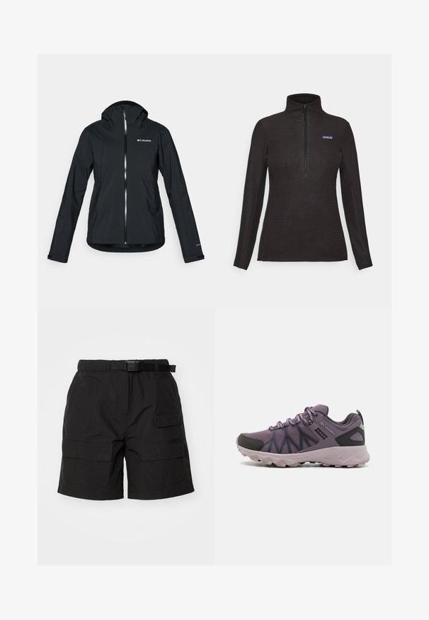 Čierna nepremokavá bunda s plným zipsom, pripevnenou kapucňou a reflexnými akcentmi. Hladká textúra, minimalistický dizajn s logom Columbia.; Čierny fleecový pulóver s textúrou, dlhými rukávmi, so zipsom na štvrť a malou nášivkou loga na ľavej hrudi.; Čierne cargo šortky vyrobené z ľahkého materiálu, vybavené opaskom, dvoma bočnými vreckami a dvoma prednými vreckami s chlopňou a hladkou textúrou.; Ľahké fialové turistické topánky s prešívaným zvrškom, čiernymi akcentmi, polstrovanou podrážkou a robustným vzorom pre trakciu.