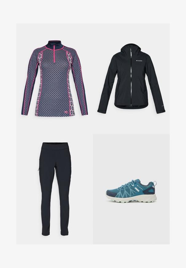 Melna ūdensizturīga jaka ar pilnu rāvējslēdzēju, pievienotu kapuci un atstarojošiem akcentiem. Gluda tekstūra, minimāls dizains, ar Columbia logo.; Jūras spēku zils garām piedurknēm tops ar ceturtdaļas rāvējslēdzēju, ar ģeometrisku rakstu rozā un baltā krāsā, kontrastējošām rozā šuvēm un pieguļošu dizainu.; Melni sporta bikses ar pieguļošu piegriezumu, elastīgu jostasvannu un sānu kabatu ar rāvējslēdzēju. Gluda, elastīga auduma struktūra ar minimālām šuvēm.; Columbia PEAKFREAK™ II OUTDRY™ - Pārgājienu apavi - blue heron/skylight