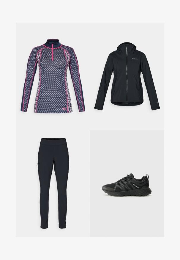 Mustang must-haves vettisooja, täispikk tõmblukk, kinnitatud kapuuts ja peegeldavad aktsendid. Sile tekstuur, minimaalne disain, millel on Columbia logo.; Tume sinise värvi pika varrukaga pikkade varrukatega särk neljanda tõmbluku ja geomeetrilise mustriga roosa ja valge, roosa kontrastõmblusega ning keha lähedase lõikega.; Mustad mustad sportpüksid kitsaste lõikega, elastse vöökoha ja küljetaskuga, millel on tõmblukk. Sile, veniv kangas minimaalsete õmblustega.; Columbia PEAKFREAK - Matkajalatsid - black