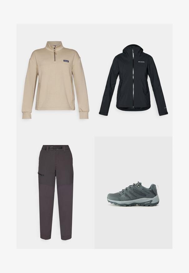 Mustang must-haves vettisooja, täispikk tõmblukk, kinnitatud kapuuts ja peegeldavad aktsendid. Sile tekstuur, minimaalne disain, millel on Columbia logo.; Beige fliisist pulmärk, millel on poole tõmbluku, seisev kaelus ja pika varrukaga. Esiküljel on väike logopatch vasakul rinnal. Pehme tekstuur.; Tumed hallid cargo püksid, mis on valmistatud kerge kangaga, omavad vastupidavat vööd, esitõmblikku ning küljetaskut Velcro klapiga.; Tumed hallid matkajalanõud, millel on võrkpaneelid ja sealihaga ülemine osa, nööriga sulgemine, pehmendatud tallad ja rohkelt haarde mustriga karmi väljatõste.