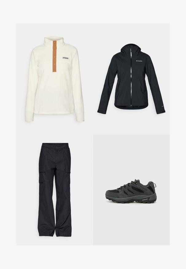 Giacca nera impermeabile con zip full-length, cappuccio integrato e dettagli riflettenti. Tessuto liscio, design minimale, con logo Columbia.; Pullover in pile di colore crema con colletto alto, dotato di patta con bottoni marroni e patch logo. Il design semplice enfatizza il comfort e il calore.; Columbia BREA FALLS™ COTTON RIPSTOP PANT - Pantaloni outdoor - black; Columbia REDMOND - Scarpa da hiking - black/citron haze