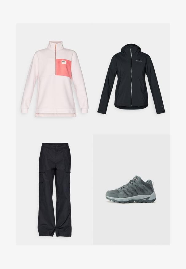 Black waterproof jacket with a full zipper, attached hood, and reflective accents. Smooth texture, minimal design, featuring the Columbia logo.; Light pink pullover with a high collar, featuring a rectangular pocket in darker pink and a logo patch. Soft texture and relaxed fit.; Columbia BREA FALLS™ COTTON RIPSTOP PANT - Outdoor trousers - black; Men's hiking shoe in dark gray, featuring a suede and mesh upper, rubber outsole, and reinforced toe. Lace-up closure with metallic accents.