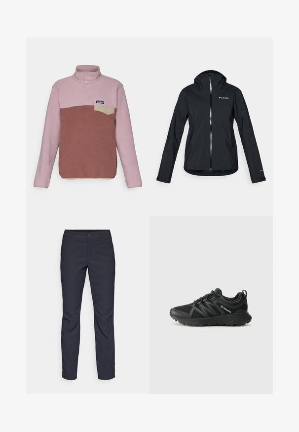 Schwarze wasserdichte Jacke mit durchgehendem Reißverschluss, angebauter Kapuze und reflektierenden Akzenten. Glatte Textur, minimales Design mit dem Columbia-Logo.; Patagonia SNAP - Fleecepullover - dulse mauve; Marineblaue Hose aus glattem Stoff mit einem vorderen Knopfverschluss, schlankem Schnitt und gefalteten Details an den Knien.; Columbia PEAKFREAK - Hikingschuh - black