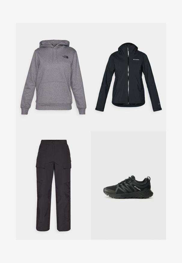 Melna ūdensizturīga jaka ar pilnu rāvējslēdzēju, pievienotu kapuci un atstarojošiem akcentiem. Gluda tekstūra, minimāls dizains, ar Columbia logo.; The North Face SIMPLE DOME HOODIE - Džemperis ar kapuci - medium grey heather; Melni kravas bikses, izgatavotas no izturīga auduma, ar vairākiem sānu kabatām, pogu aizdari un brīvu piegriezumu ar taisnām kājām.; Columbia PEAKFREAK - Pārgājienu apavi - black