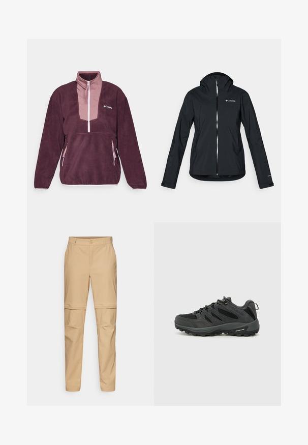 Čierna nepremokavá bunda s plným zipsom, pripevnenou kapucňou a reflexnými akcentmi. Hladká textúra, minimalistický dizajn s logom Columbia.; Columbia SEQUOIA GROVE™ 1/2 ZIP - Flísová bunda - moonvista/fig/pink dawn; Beige zip-off cargo nohavice s rovnou prednou časťou, zapínaním na gombík a zúženými nohavicami. Vyrobené z ľahkej textílie s hladkým povrchom.; Columbia REDMOND - Turistické topánky - black/citron haze
