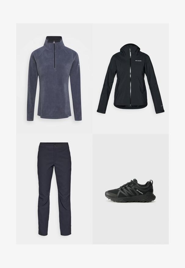 Giacca nera impermeabile con zip full-length, cappuccio integrato e dettagli riflettenti. Tessuto liscio, design minimale, con logo Columbia.; Pullover in pile blu scuro con colletto a mezza zip, maniche raglan e texture liscia. Presenta una leggera lucentezza e nessun motivo visibile.; Pantaloni blu navy realizzati in tessuto liscio, con chiusura frontale a bottone, design slim-fit e pieghe decorative sulle ginocchia.; Columbia PEAKFREAK - Scarpa da hiking - black