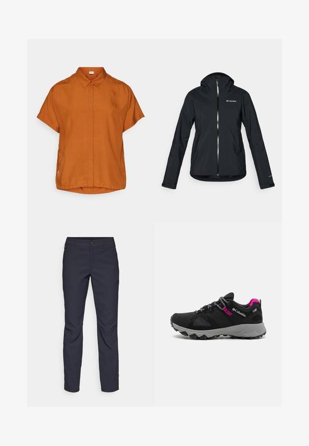 Giacca nera impermeabile con zip full-length, cappuccio integrato e dettagli riflettenti. Tessuto liscio, design minimale, con logo Columbia.; Maglietta arancione a maniche corte realizzata in tessuto leggero, con chiusura a bottoni, colletto e orlo leggermente arrotondato.; Pantaloni blu navy realizzati in tessuto liscio, con chiusura frontale a bottone, design slim-fit e pieghe decorative sulle ginocchia.; Scarpa da trekking nera con tomaia texture, suola intermedia grigia e suola in gomma. Presenta dettagli rosa e lacci riflettenti per una maggiore visibilità.