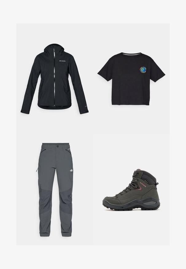 Fekete vízálló dzseki teljes cipzárral, hozzákapcsolt kapucnival és fényvisszaverő részletekkel. Sima textúra, minimalista dizájn, Columbia logóval.; Fekete pamut rövid ujjú póló, melynek mellkasán egy kör alakú, színes logó található. Egyenes alj és laza szabás jellemzi.; Sötétszürke kültéri nadrág megerősített térdrésszel, cipzáras oldalsó és elülső zsebekkel, gombos záródással és A North Face logóval a combján.; Zöld túrázó cipő magasan záródó kialakítással, bőr és szintetikus anyagból, gumitalppal és fém fűzőlyukakkal. Minimális díszítéssel.