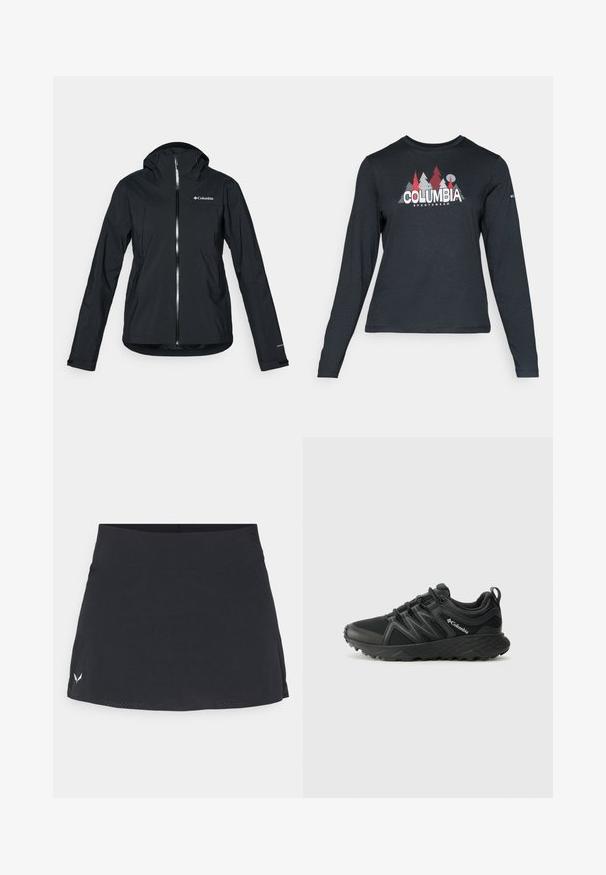 Giacca nera impermeabile con zip full-length, cappuccio integrato e dettagli riflettenti. Tessuto liscio, design minimale, con logo Columbia.; Maglietta a maniche lunghe grigia scura con una grafica di alberi rossi e montagne; logo "COLUMBIA" in caratteri bianchi in grassetto. Tessuto morbido, scollatura a girocollo standard.; Gonna sportiva nera realizzata con un tessuto testurizzato e traspirante. Presenta un elastico in vita liscio e sottili fessure laterali per facilitare i movimenti.; Columbia PEAKFREAK - Scarpa da hiking - black