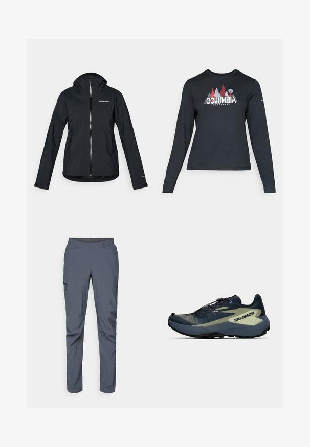 Svart vanntett jakke med full glidelås, festet hette og refleksdetaljer. Glatt tekstur, minimalistisk design med Columbia-logo.; Langermet mørkegrå skjorte med grafikk av røde trær og fjell; "COLUMBIA" logo i fet hvit tekst. Mykt stoff, standard rund hals.; Grå prestasjonsbukser med elastisk midjebånd, to frontlommer og en glidelåslomme på siden. Glatt tekstur og innsnevring.; Mørkeblå og olivengrønn terrengløpesko med svart såle, hurtiglissesystem og "SALOMON"-branding på siden.