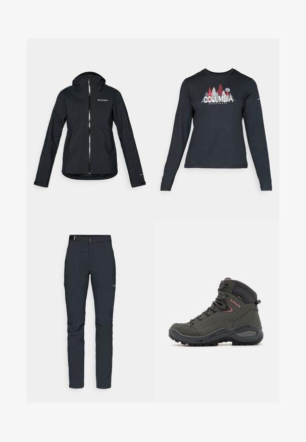 Black waterproof jacket with a full zipper, attached hood, and reflective accents. Smooth texture, minimal design, featuring the Columbia logo.; Long-sleeve dark gray shirt with a graphic of red trees and mountains; "COLUMBIA" logo in bold white text. Soft fabric, standard crew neck.; Men's outdoor pants, dark gray, made from flexible material, featuring a belt, zippered pockets, and reinforced stitching.; Green hiking boot with a high ankle design, leather and synthetic material, rubber sole, and metal eyelets for laces. Minimal accents.