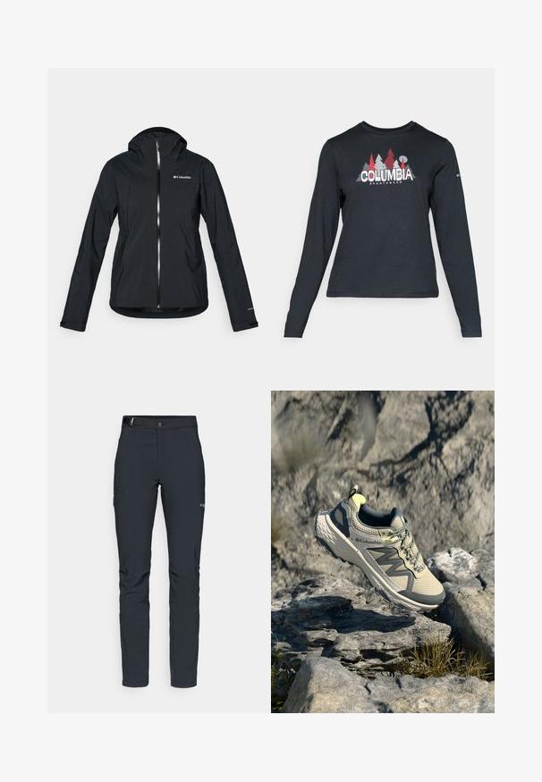 Giacca nera impermeabile con zip full-length, cappuccio integrato e dettagli riflettenti. Tessuto liscio, design minimale, con logo Columbia.; Maglietta a maniche lunghe grigia scura con una grafica di alberi rossi e montagne; logo "COLUMBIA" in caratteri bianchi in grassetto. Tessuto morbido, scollatura a girocollo standard.; Pantaloni da uomo per attività all'aperto, grigio scuro, realizzati in materiale elastico, dotati di cintura, tasche con zip e cuciture rinforzate.; Scarpa da trail running Columbia in beige chiaro e grigio. Parte superiore in mesh con dettagli testurizzati, suola in gomma e accenti riflettenti. Design leggero.