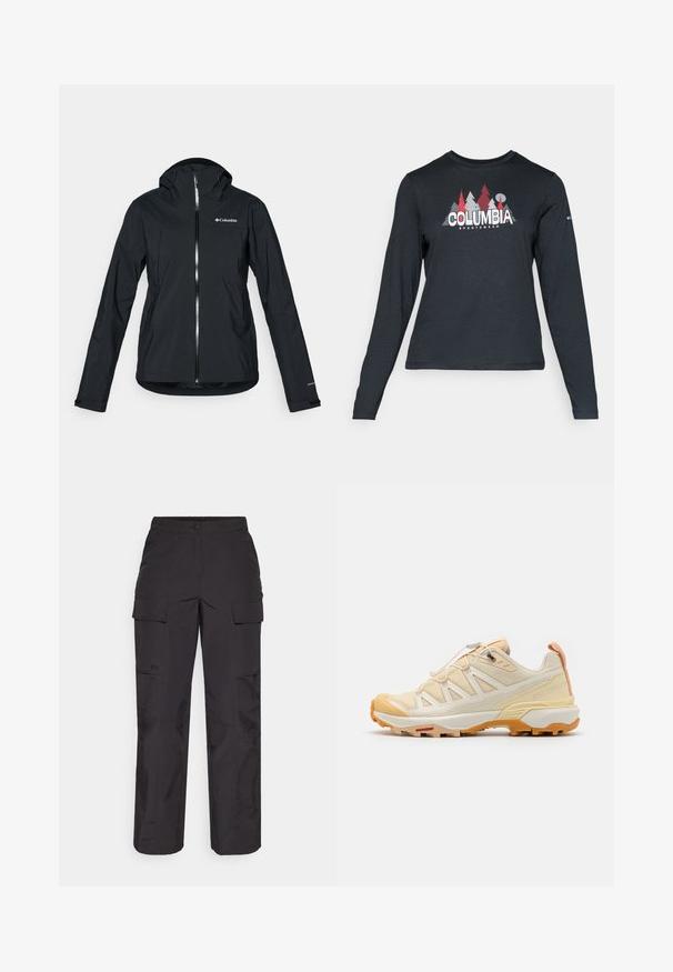 Schwarze wasserdichte Jacke mit durchgehendem Reißverschluss, angebauter Kapuze und reflektierenden Akzenten. Glatte Textur, minimales Design mit dem Columbia-Logo.; Dunkelgraues Langarmshirt mit einem Grafikdesign von roten Bäumen und Bergen; das "COLUMBIA"-Logo in fett weißer Schrift. Weicher Stoff, klassischer Rundhalsausschnitt.; Schwarze Cargo-Hosen aus strapazierfähigem Stoff, mit mehreren Seitentaschen, einem Knopfverschluss und einer lockeren Passform mit geraden Beinen.; Salomon X ULTRA 360 EDGE - Hikingschuh - wheat/shortbread/peach quartz