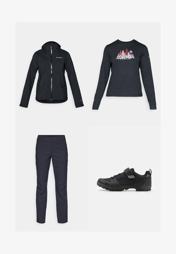 Svart vanntett jakke med full glidelås, festet hette og refleksdetaljer. Glatt tekstur, minimalistisk design med Columbia-logo.; Langermet mørkegrå skjorte med grafikk av røde trær og fjell; "COLUMBIA" logo i fet hvit tekst. Mykt stoff, standard rund hals.; Marineblå bukser laget av glatt stoff, med frontknappelukking, slim-fit design og pressede detaljer ved knærne.; Svart utendørssko med teksturert mesh-overdel, gummisåle og justerbar stropp. Har et robust design for grep og støtte.