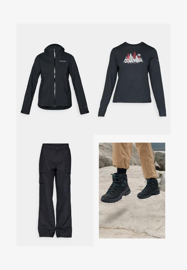 Črna vodoodporna jakna s polnim zadrgo, pritrjeno kapuco in odsevnimi detajli. Gladka tekstura, minimalističen dizajn, ki vključuje logotip Columbia.; Majica z dolgimi rokavi temno siva z grafiko rdečih dreves in gora; logotip "COLUMBIA" v krepki beli barvi. Mehka tkanina, standarden krojen ovratnik.; Columbia BREA FALLS™ COTTON RIPSTOP PANT - Hlače za na prostem - black; Črne pohodne čevlje z teksturiranim materialom, trdno zasnovo, modrimi detalji in trajnimi podplati, postavljene na skalnatem terenu.