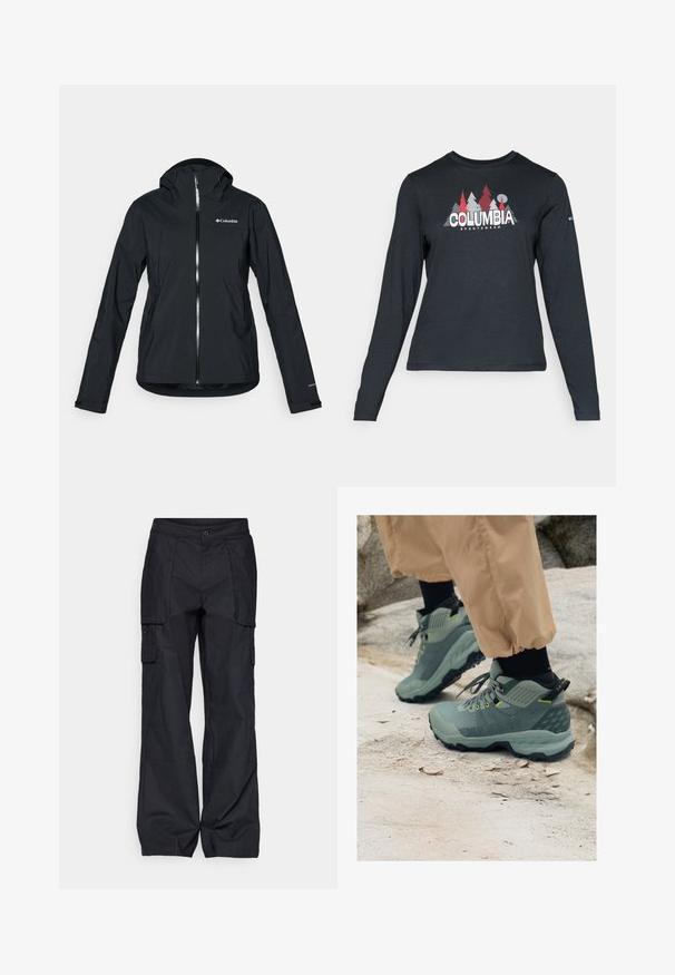 Fekete vízálló dzseki teljes cipzárral, hozzákapcsolt kapucnival és fényvisszaverő részletekkel. Sima textúra, minimalista dizájn, Columbia logóval.; Hosszú ujjú, sötétszürke ing piros fákkal és hegyekkel díszítve; a "COLUMBIA" logó vastag fehér betűkkel. Puha anyag, klasszikus kerek nyakkivágás.; Columbia BREA FALLS™ COTTON RIPSTOP PANT - Szabadtéri nadrágok - black; Mammut kültéri cipők tompa zöld színben, texturált felsőrésszel, sárga kiegészítőkkel és strapabíró fekete talppal. Tartós kialakítás kültéri tevékenységekhez.