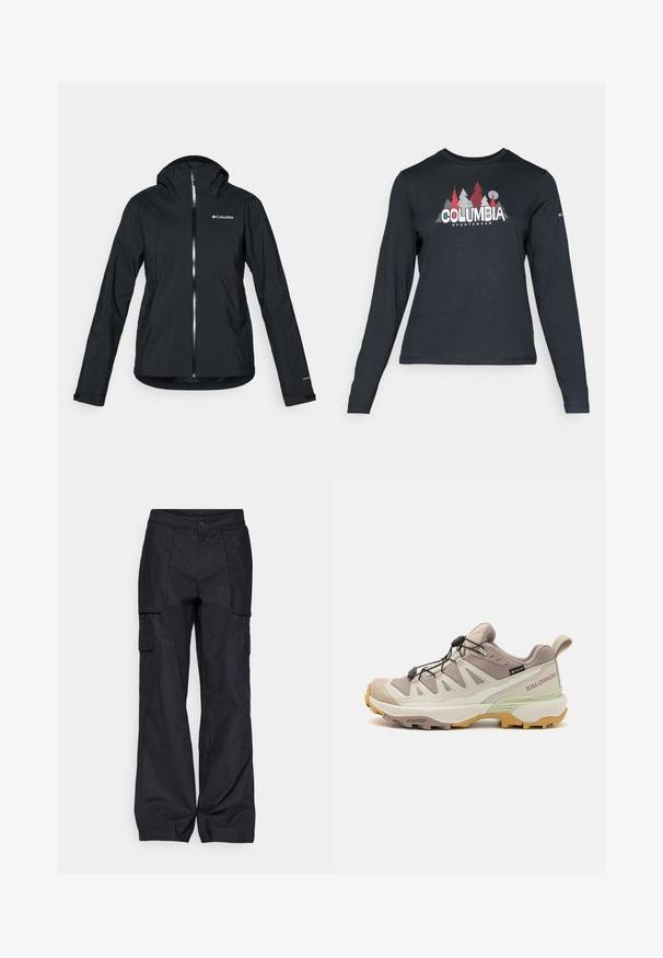 Melna ūdensizturīga jaka ar pilnu rāvējslēdzēju, pievienotu kapuci un atstarojošiem akcentiem. Gluda tekstūra, minimāls dizains, ar Columbia logo.; Tumšs pelēks krekls ar garām piedurknēm, ar grafiku, kurā attēloti sarkani koki un kalni; "COLUMBIA" logo treknā baltā tekstā. Mīksta auduma, standarta apaļa kakla izgriezums.; Columbia BREA FALLS™ COTTON RIPSTOP PANT - Āra bikses - black; Vieglie kājdzīvotāju apavi ar bēša un piparmētru zaļas krāsas dizainu. Tekstūrēta augšdaļa, gumijas zole, ātra kurpju saistīšanas sistēma un kontrastējoši dzelteni akcenti.