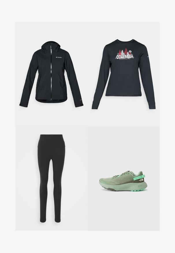 Schwarze wasserdichte Jacke mit durchgehendem Reißverschluss, angebauter Kapuze und reflektierenden Akzenten. Glatte Textur, minimales Design mit dem Columbia-Logo.; Dunkelgraues Langarmshirt mit einem Grafikdesign von roten Bäumen und Bergen; das "COLUMBIA"-Logo in fett weißer Schrift. Weicher Stoff, klassischer Rundhalsausschnitt.; Hochtaillierte schwarze Leggings aus dehnbarem Stoff, mit glatter Oberfläche und durchgehendem Design in enger Passform.; Grüner Sportschuh mit Mesh-Obermaterial, strukturierten Überzügen und einer dicken Gummisohle. Verfügt über eine Zuglasche und ein Logodetail an der Ferse.