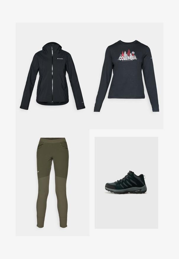 Mustang must-haves vettisooja, täispikk tõmblukk, kinnitatud kapuuts ja peegeldavad aktsendid. Sile tekstuur, minimaalne disain, millel on Columbia logo.; Pikend varrukatega tumehall särk, millel on punaste puude ja mägede graafika; "COLUMBIA" logo julge valge tekstiga. Pehme kangas, tavaline ümmargune kaelus.; Oliivrohelised sportlikud püksid, millel on tekstureeritud disain, kaks külg taskut, tihe istuvus ja lukuga sääreotsad jalalaiuste reguleerimiseks.; Columbia REDMOND - Matkajalatsid - black/citron haze