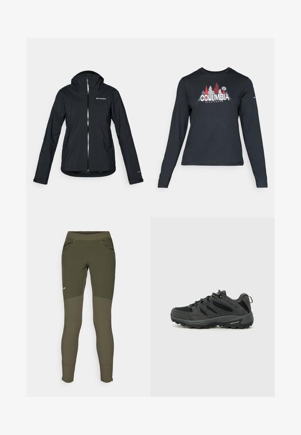 Fekete vízálló dzseki teljes cipzárral, hozzákapcsolt kapucnival és fényvisszaverő részletekkel. Sima textúra, minimalista dizájn, Columbia logóval.; Hosszú ujjú, sötétszürke ing piros fákkal és hegyekkel díszítve; a "COLUMBIA" logó vastag fehér betűkkel. Puha anyag, klasszikus kerek nyakkivágás.; Olíva zöld sportnadrág textúrált dizájnnal, két oldalsó zsebbel, szűk szabással és cipzáros alsó részekkel az állítható lábnyílásokért.; Columbia REDMOND - Túracipők - black/citron haze