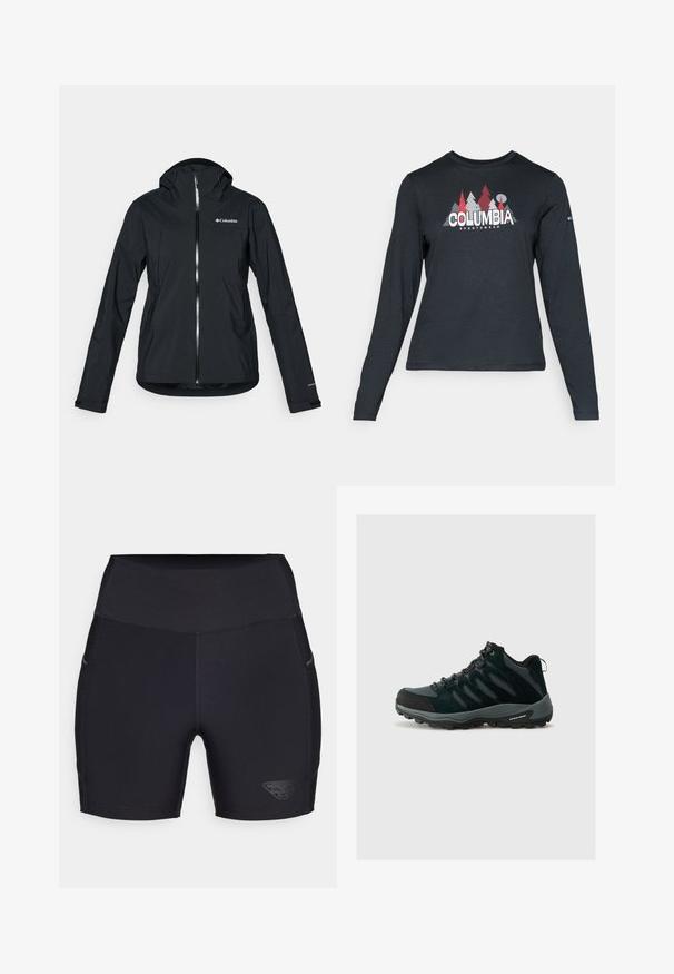 Fekete vízálló dzseki teljes cipzárral, hozzákapcsolt kapucnival és fényvisszaverő részletekkel. Sima textúra, minimalista dizájn, Columbia logóval.; Hosszú ujjú, sötétszürke ing piros fákkal és hegyekkel díszítve; a "COLUMBIA" logó vastag fehér betűkkel. Puha anyag, klasszikus kerek nyakkivágás.; Fekete sportos rövidnadrág magas derekú, rugalmas anyagból készült. Jellemzői közé tartozik egy logó az oldalon és diszkrét oldalzsebek.; Columbia REDMOND - Túracipők - black/citron haze