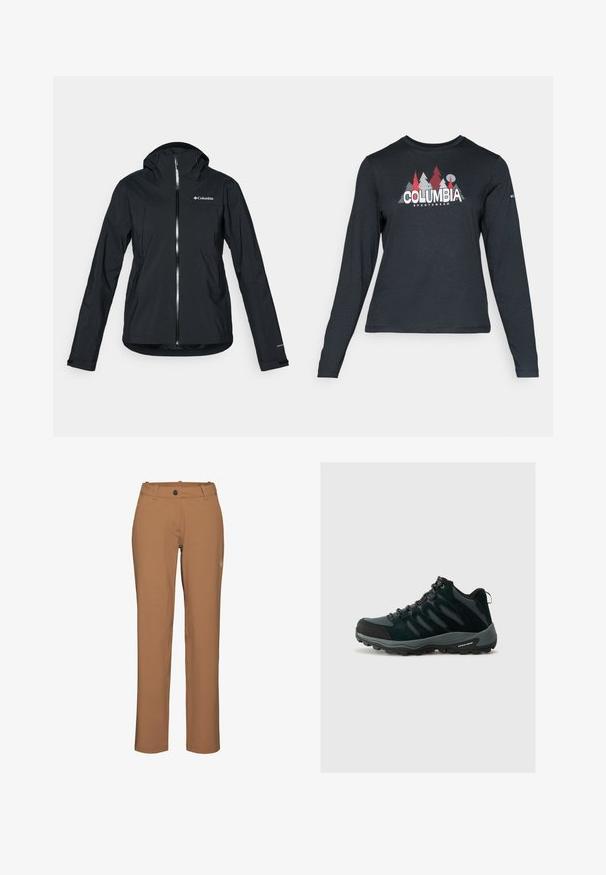 Črna vodoodporna jakna s polnim zadrgo, pritrjeno kapuco in odsevnimi detajli. Gladka tekstura, minimalističen dizajn, ki vključuje logotip Columbia.; Majica z dolgimi rokavi temno siva z grafiko rdečih dreves in gora; logotip "COLUMBIA" v krepki beli barvi. Mehka tkanina, standarden krojen ovratnik.; Mammut Hlače za na prostem - claystone; Columbia REDMOND - Pohodniški čevlji - black/citron haze