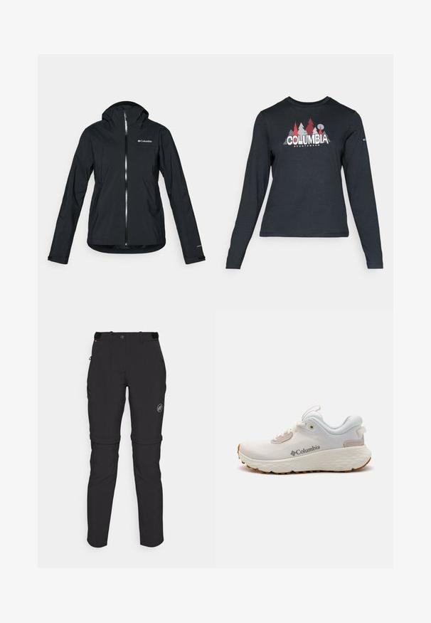 Mustang must-haves vettisooja, täispikk tõmblukk, kinnitatud kapuuts ja peegeldavad aktsendid. Sile tekstuur, minimaalne disain, millel on Columbia logo.; Pikend varrukatega tumehall särk, millel on punaste puude ja mägede graafika; "COLUMBIA" logo julge valge tekstiga. Pehme kangas, tavaline ümmargune kaelus.; Mammut RUNBOLD ZIP OFF PANTS WOMEN - Õuepüksid - black; Kerged Columbia spordijalanõud valgest võrgust, millel on tekstureeritud hall tall ja kummist haardepind. Omaduseks on polsterdatud krae ja nööridega kinnitussüsteem.