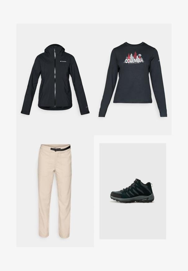 Crna vodootporna jakna s punim zatvaračem, pričvršćenim kapuljačom i reflektirajućim detaljima. Glatka tekstura, minimalistički dizajn, s logotipom Columbia.; Majica dugih rukava tamnosive boje s grafikom crvenih drveća i planina; logo "COLUMBIA" u podebljanom bijelom tekstu. Mekana tkanina, standardni okrugli izrez.; Bež hlače s glatkom teksturom, s dva prednja džepa, crnim remenom i ravnim krojem.; Columbia REDMOND - Obuća za pješačenje - black/citron haze