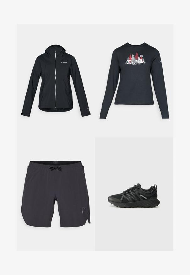 Melna ūdensizturīga jaka ar pilnu rāvējslēdzēju, pievienotu kapuci un atstarojošiem akcentiem. Gluda tekstūra, minimāls dizains, ar Columbia logo.; Tumšs pelēks krekls ar garām piedurknēm, ar grafiku, kurā attēloti sarkani koki un kalni; "COLUMBIA" logo treknā baltā tekstā. Mīksta auduma, standarta apaļa kakla izgriezums.; Melnas peldbikses ar elastīgu jostasvietu un auklu, ar sānu kabatām un nemanāmu logotipa detaļu uz kreisās kājas.; Columbia PEAKFREAK - Pārgājienu apavi - black