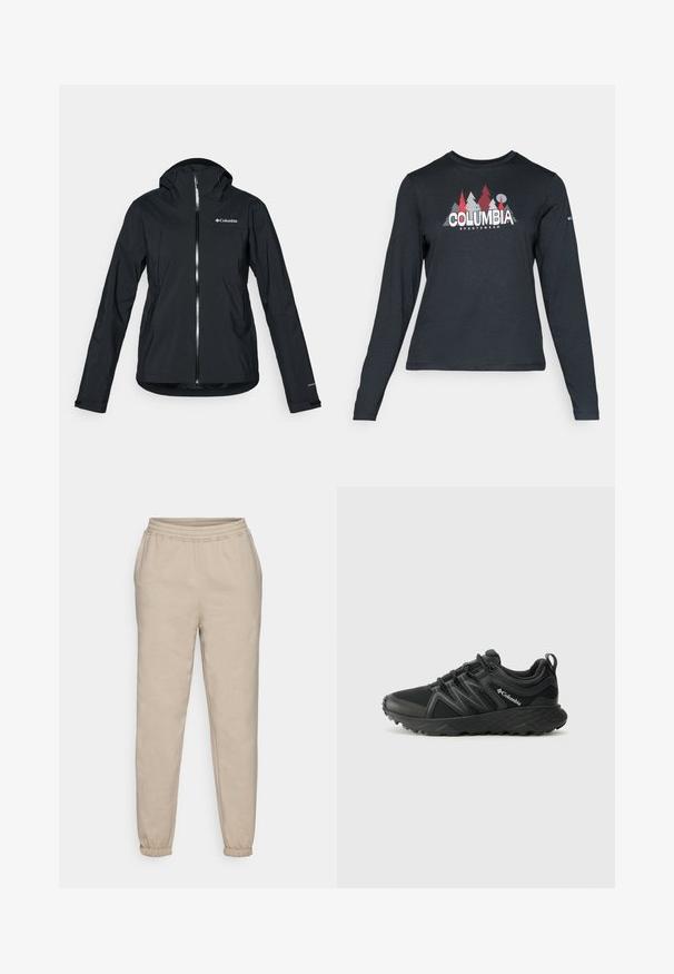 Black waterproof jacket with a full zipper, attached hood, and reflective accents. Smooth texture, minimal design, featuring the Columbia logo.; Long-sleeve dark gray shirt with a graphic of red trees and mountains; "COLUMBIA" logo in bold white text. Soft fabric, standard crew neck.; Beige sweatpants made of soft cotton-blend fabric. Features an elastic waistband and tapered cuffs for a relaxed fit.; Columbia PEAKFREAK - Hiking shoes - black