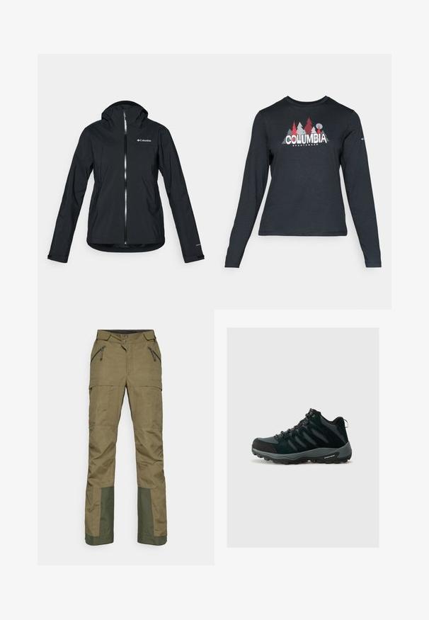 Black waterproof jacket with a full zipper, attached hood, and reflective accents. Smooth texture, minimal design, featuring the Columbia logo.; Long-sleeve dark gray shirt with a graphic of red trees and mountains; "COLUMBIA" logo in bold white text. Soft fabric, standard crew neck.; Olive green outdoor pants with zippered pockets, button closure, reinforced darker green fabric at the lower legs for durability.; Columbia REDMOND - Hiking shoes - black/citron haze