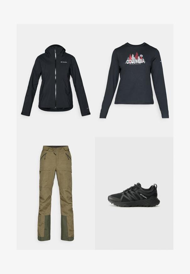 Crna vodootporna jakna s punim zatvaračem, pričvršćenim kapuljačom i reflektirajućim detaljima. Glatka tekstura, minimalistički dizajn, s logotipom Columbia.; Majica dugih rukava tamnosive boje s grafikom crvenih drveća i planina; logo "COLUMBIA" u podebljanom bijelom tekstu. Mekana tkanina, standardni okrugli izrez.; Maslinasto zelene hlače za vanjske aktivnosti s džepovima na zatvarač, kopčom na gumb, ojačanim tamnozelenim materijalom na donjim dijelovima nogavica radi izdržljivosti.; Columbia PEAKFREAK - Obuća za pješačenje - black