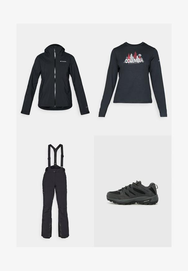 Svart vanntett jakke med full glidelås, festet hette og refleksdetaljer. Glatt tekstur, minimalistisk design med Columbia-logo.; Langermet mørkegrå skjorte med grafikk av røde trær og fjell; "COLUMBIA" logo i fet hvit tekst. Mykt stoff, standard rund hals.; Svarte snøbukser med justerbare skulderstropper, to sidelommer, glidelås i bunnen og et teksturert liv for ekstra grep.; Columbia REDMOND - Fjellsko - black/citron haze
