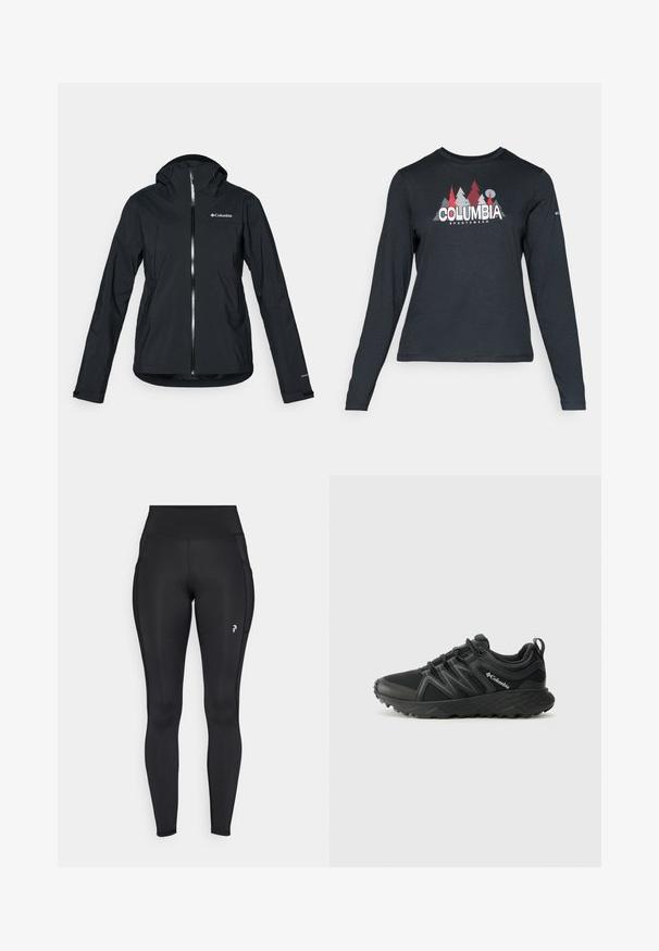 Schwarze wasserdichte Jacke mit durchgehendem Reißverschluss, angebauter Kapuze und reflektierenden Akzenten. Glatte Textur, minimales Design mit dem Columbia-Logo.; Dunkelgraues Langarmshirt mit einem Grafikdesign von roten Bäumen und Bergen; das "COLUMBIA"-Logo in fett weißer Schrift. Weicher Stoff, klassischer Rundhalsausschnitt.; Schwarze, knöchellange Leggings aus dehnbarem Material mit hoher Taille, seitlichen Taschen und einem kleinen Logo am linken Oberschenkel.; Columbia PEAKFREAK - Hikingschuh - black
